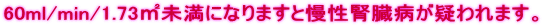 60ml/min/1.73u未満になりますと慢性腎臓病が疑われます。