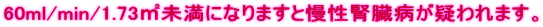 60ml/min/1.73u未満になりますと慢性腎臓病が疑われます。